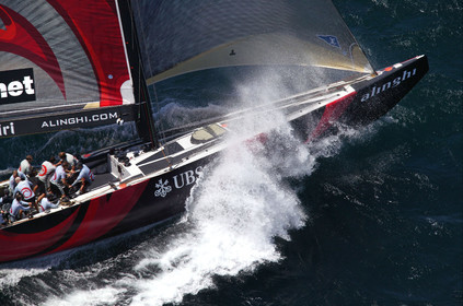 03_0909D © Th.Martinez. Auckland   New Zealand. 15 02 03 America's Cup Day 1.Alinghi (SUI64) vs Team New Zealand (NZL82) SUI64 heading to first mark alone, NZL82 retire from the the race after suffering gear damages.
