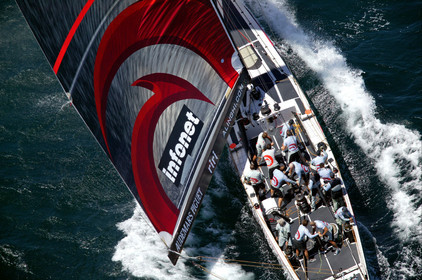 03_0906D © Th.Martinez. Auckland   New Zealand. 15 02 03 America's Cup Day 1.Alinghi (SUI64) vs Team New Zealand (NZL82) Alinghi crew working hard to stay in front of Team New Zealand in the first upwind leg.