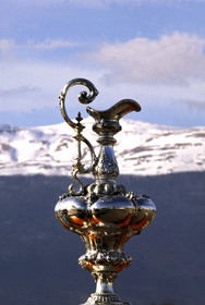 03_2233D ©Th.Martinez .Geneva , Switzerland. America's Cup 2003. 8th March 2003.Alinghi Team winner of America's Cup 2003..The America's Cup with Swiss snow in the background....