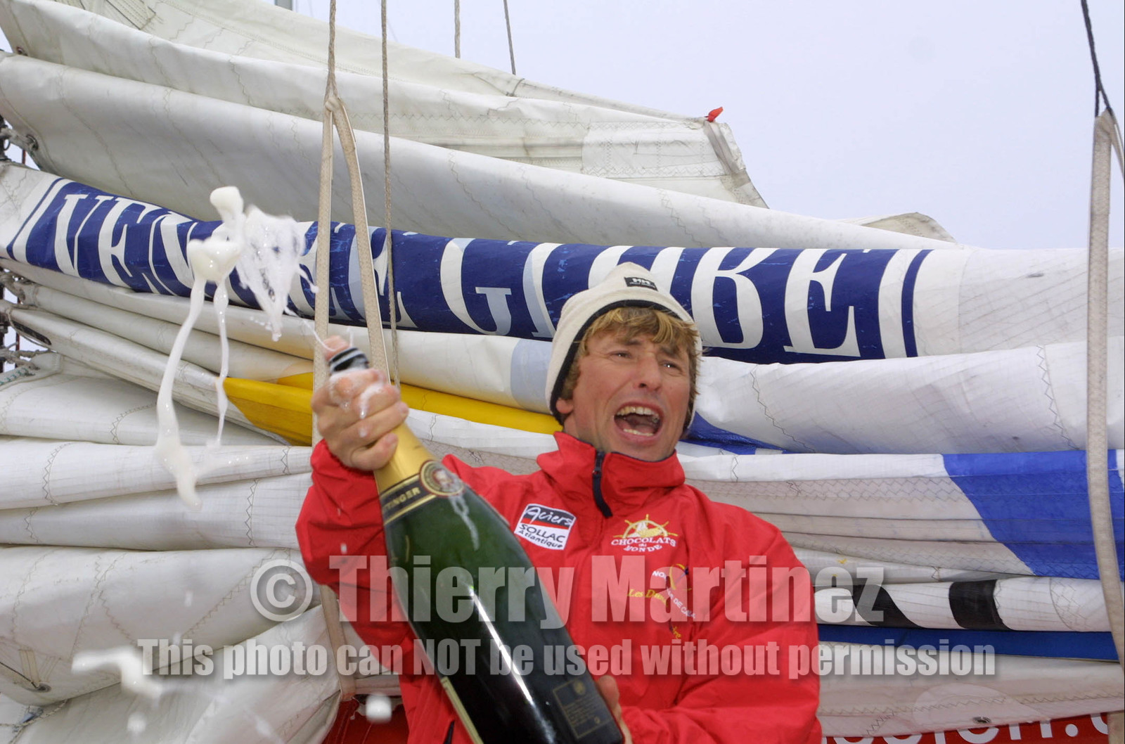 ©ThMartinez. Vendee Globe 2000. Les Sables d'Olonne (FRA) 5th March 2001..Joe Seeten (FRA) Region Nord pas de Calais-Chocolats du monde finish 10th .in his first single handed round the world in 115 days 16hours 45mns.